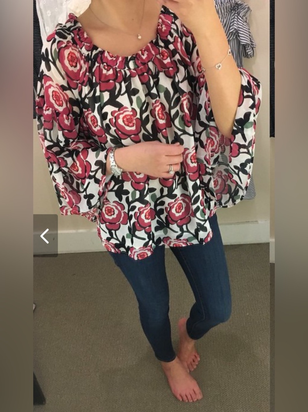 LOFT Floral Bell Sleeve Blouse Chiffon Scoop Neck Top Pink White Black Rose S